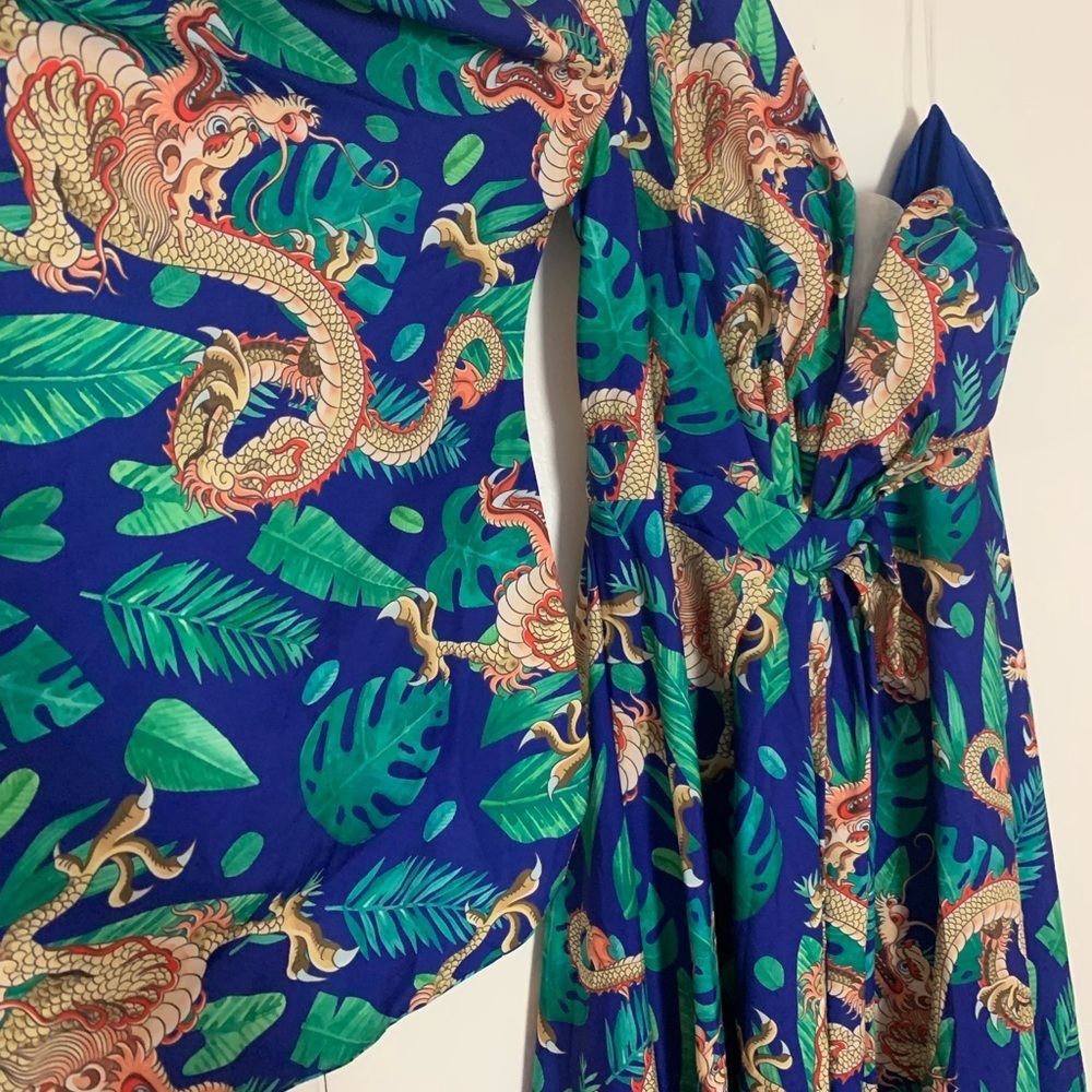 New Giffniseti Dragon Shoulder Bridesmaid Maxi Dress Gown Kimono Blue Orange - Picture 14 of 15